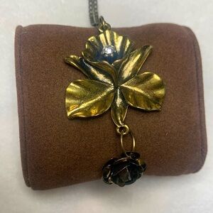 Bronze Tone Flower Necklace with Rhinestone Middle and Smaller Dangling Flower